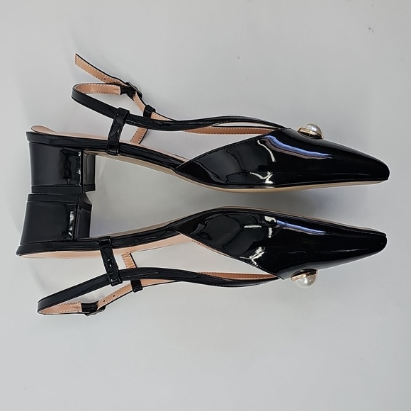 Modencoco Black Patent Leather Pointed Toe Low Block Heel w Pearl Accent Sz:8.5 - Picture 5 of 10